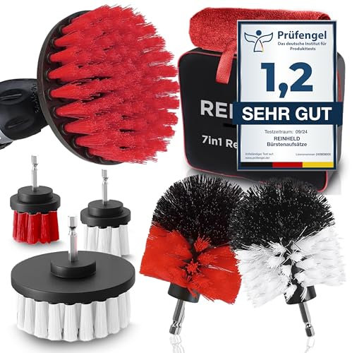 REINHELD Bürstenaufsatz Akkuschrauber Hart & Weich | 7-in-1 Set f. Auto Felgen Polster Bad inkl Tasche| Drill Brush Felgen-Bürste Reinigungsbürste Akkuschrauber Bohrmaschine f. effiziente Reinigung