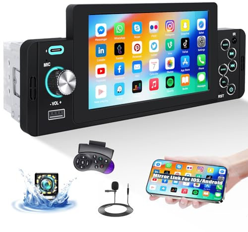 Single Din Car radio with Bluetooth Hands-free, 5-inch touchscreen radio with Dual USB/AUX-in/SD-Card/SWC and Mirrorlink FM stereo coloured Backlight+ Reversing camera & Microphone