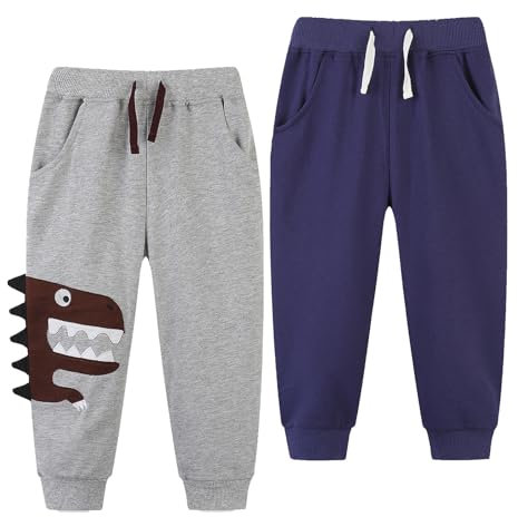 Codkkre 2er Pack Jogginghose Jungen Elastischem Bund Kinder Jogginghose Dinosaurier Baumwolle Hosen für Jungen Sweathose Kinder Sporthose Jogger Hose 104 Dinosaurier+Marineblau
