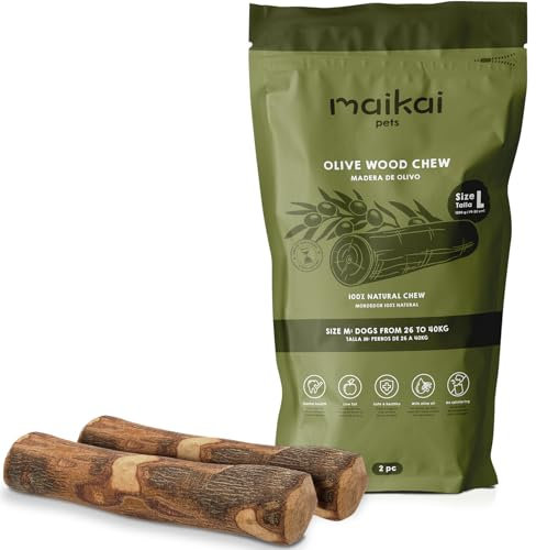 MAIKIA Lot de 2 Bâtons en Bois d'Olivier pour Chien Taille L (25–45 kg) – Os à Mâcher Naturel pour Grands Chiens – Anti-Tartre + Anti-Stress et Hygiène Dentaire