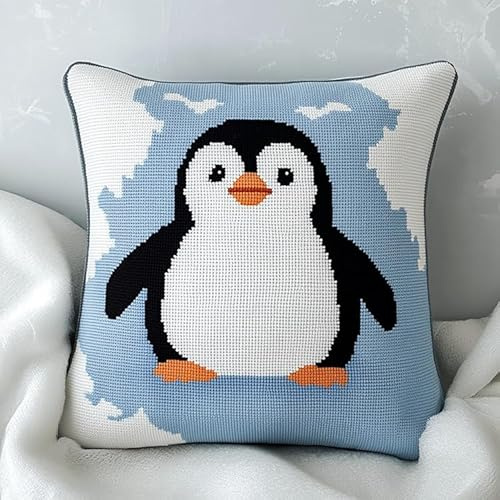 WallustrioaW Tier Knüpfhaken-Kissen-Set,süßer Pinguin,DIY-Kissenbezug Zum Basteln,Bedruckte Leinwand Für Anfänger,Kissenset Für Heimdekoration,43x43cm