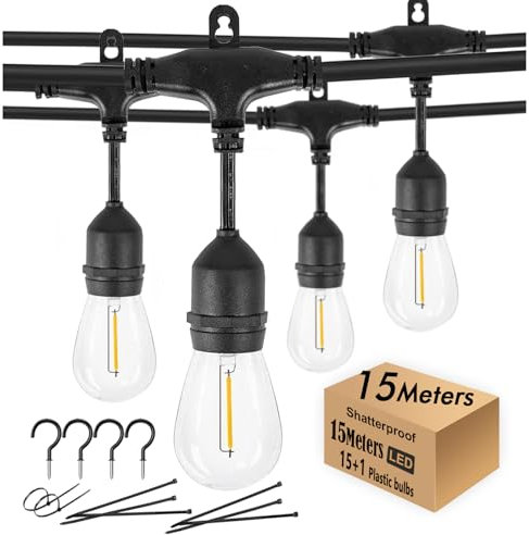 Festoon Lights Outdoor15M IP65, 2.6M Extension Cable Included,15+1 Shatterproof S14 Bulbs 2700K E27 Outside Lights for Pergola, Backyard, Linkable