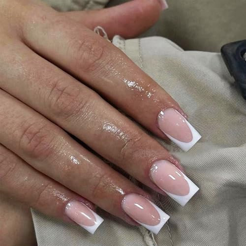 24Pcs French False Nails - Full Cover False Nails Nude White Square Stick on Nails - Press on Nails Short - French Fake Nail Stick on Nail for Women and Girls Nail Art