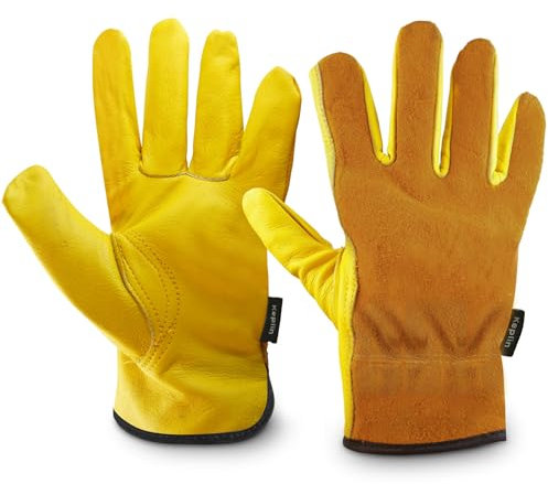 KEPLIN Gardening Gloves for Men & Women – Premium Cowhide Leather, Thorn & Puncture Resistant, Breathable & Durable Work Gloves for Gardening, Farming & DIY – Safety Work Gloves – Large 26cm, Yellow