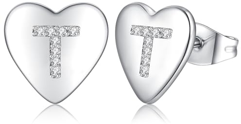 Ohrringe Silber 925 Ohrstecker Silber 925 für Damen Mädchen Kinder, Klein Herz Ohrringe Silber Buchstaben Ohrstecker mit Zirkonia, Schlafen Knorpel Ohrstecker 10mm (silber-T)