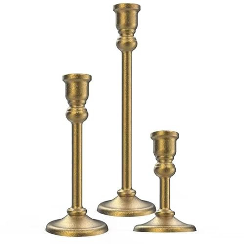 Heavy Duty Candlestick Holders Taper Candle Holders Set of 3, Golden Candlestick Holders Decorative Candle Stand, Tapered Candle Holders Set for Wedding, Dining Table, Home Decoration (Antique Gold)