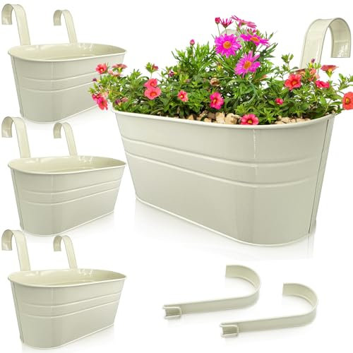 Abaigeal 4 PCS Metal Hanging Flower Pots, 27CM Balcony Planters for Railing with Detachable Hooks, Over Fence Planters Metal, Hanging Plant Pots Outdoor for Fence, Garden, Home, Beige