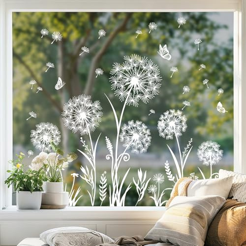 Tanlaby Fensterbilder Pusteblume Weiß Fensteraufkleber Pflanzen Schmetterling Fenstersticker Blumen Frühling Sommer Fenster Aufkleber Wohnzimmer Schlafzimmer Bad Küche Glastüren Fenster Deko