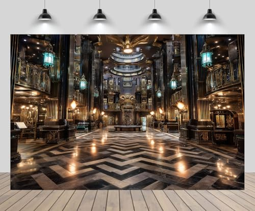 CHNYWORK 7x5ft Ministry of Magic Backdrop Magical Wizard Witch Golden Magic Hall Fireplace Black Tile Floor Wizards Background Kids Birthday Halloween Party Decor Portrait Photo Booth Studios Props