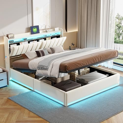 Bett 140x200 mit Bettkasten, Polsterbett mit Stauraum, Doppelbett mit LED und USB, Jugendbett 140x200 mit Stauraum-Kopfteil, Hydraulisch Stauraumbett, Boxspringbett, Samt, Beige, Ohne Matratze