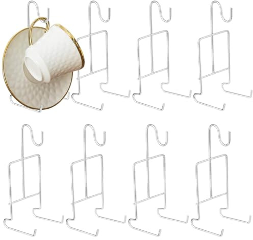 YOFAPA Cup and Saucer Display Stand, 8 Pcs Tea Cup and Saucer Holders, Teacup Coffee Mug Organizer Rack, Golden Finish Metal Mug and Saucer Stand for Tea Coffee Cups Plates, Silver