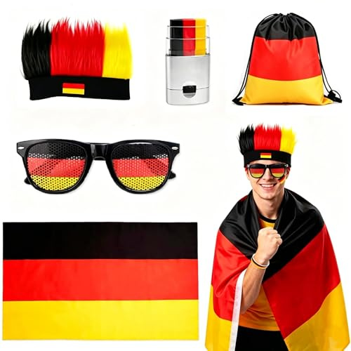 Aitsite Fußball WM 2026 Fanartikel 5 Stück - Umhänge & Brille&Perücke für Fußball Fans, Geschenksets für Herren&Damen, Nationale Deko Accessoires für Stadion & Public Viewing Party Fussball WM
