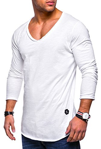 Rello & Reese Herren Oversize Longsleeve V-Neck Rundhals Sweatshirt MT-7314 [Weiß,