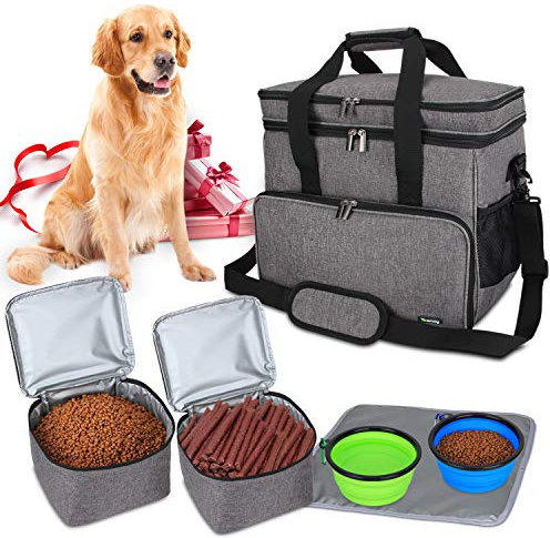 Teamoy Reisetasche für Hundeausrüstung, Hundetasche für die Mitnahme von Tiernahrung, Leckereien, Spielzeug und andere wichtige Dinge, ideal für Reisen, Camping oder Tagesausflüge (Groß, grau)