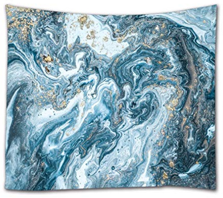 A.Monamour Wandteppiche Luxus Weiß Und Blau Gemischte Acrylfarben Goldenen Pudereffekt Marmor Textur Hintergrund Stoff Wandteppich Wanddekoration Wandbehänge Für Schlafzimmer Wohnzimmer 153x203cm