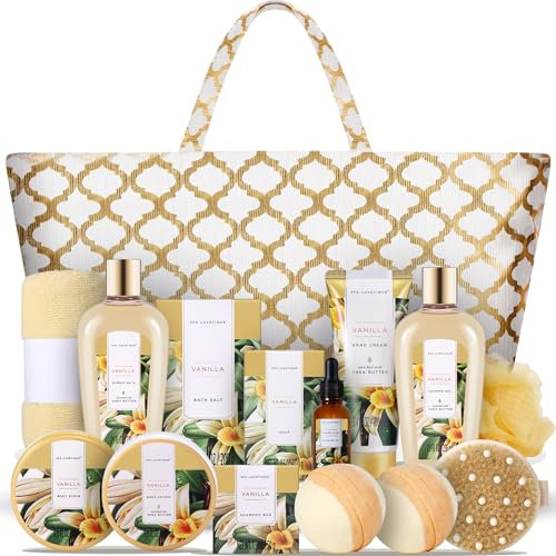 Bade Geschenkset für Frauen, SPA LUXETIQUE 15 tlg. Vanilleduft Bad Set Geburtstagsgeschenk für Damen mit Duschgel, Trockene Haarkappe & Geräumige Handtasche, Geschenkset zum Muttertagsgeschenk