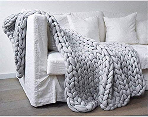Nicole Knupfer Decke Gestrickte Werfen Handgefertigt Grobe Strickdecke Wolle Garn Sofa Decke DIY Zuhause Geschenk (Hellgrau,120×180cm)