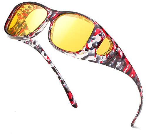 Enafad Fit Over Night Nachtbrille für Frauen Nachtsicht Blendschutz Polarisierte HD Gelbe Brille UV-Schutz (A-Schwarz/Rot Blumenrahmen-Gelb Linse)