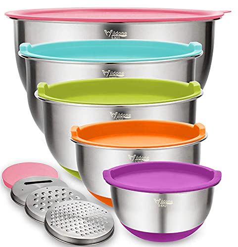 Wildone Mixing Bowls with Lids Set, 5PCS Stainless Steel Colorful Nesting Bowls with 3 Grater Attachments, Measurement Marks & Non-Slip Bottoms, Size 5, 3, 2, 1.5, 0.63 QT, Great for Mixing & Serving