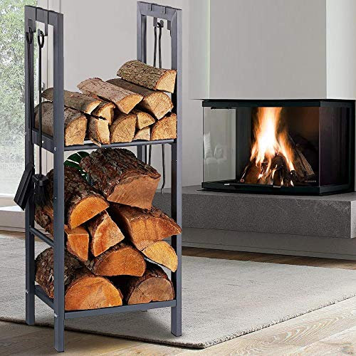 BAKAJI Portalegna Verticale Supporto Scaffale in Metallo Porta Legna 2 Ripiani da Interno Esterno Legnaia Casa Giardino per Camino Caminetto Stufa Design Moderno (100 x 40 x 30 cm)