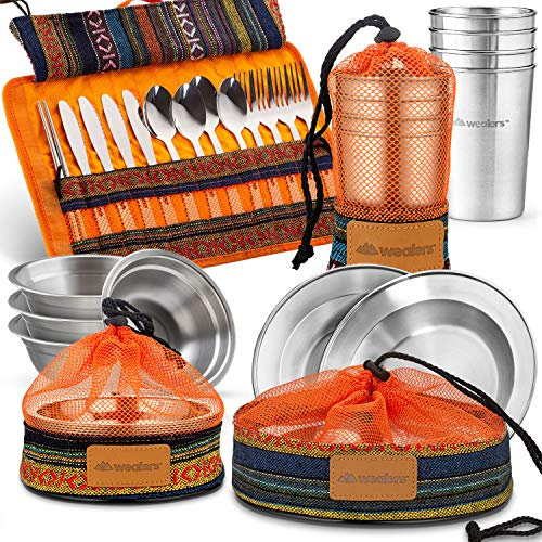Wealers Unique Complete Messware Kit Polished Stainless Steel Dishes Set| Tableware| Dinnerware| Camping| Buffet| Includes - Cups | Plates| Bowls| Cutlery| Comes in Mesh Bags (4 Person Set) (Orange)
