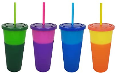 Essential Drinkware Einwegbecher mit Farbwechsel, 680 ml, 4 Stück, wiederverwendbare Kunststoffbecher mit Schraubdeckel und farbigen Strohhalmen