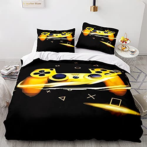 Gamepad-Bettwäsche-Set für Jungen Männer Videospiele Bettbezug für Teenager Kinder Spielzimmer Dekoration Schwarz Klassischer Retro-Gaming-Bezug mit Controller-Knopf (Gelb,140 x 200 cm)