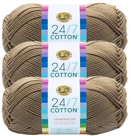 Lion Brand 24/7 Cotton Yarn, Yarn for Knitting, Crocheting, and Crafts, Taupe, 3 Pack
