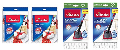 Vileda Turbo 2-In-1 Microfibre Mop Refill Red, Pack of 2 & 1-2 Spray Microfibre Pads Refill, Pack of 2 (also fits Ultramax Mop)