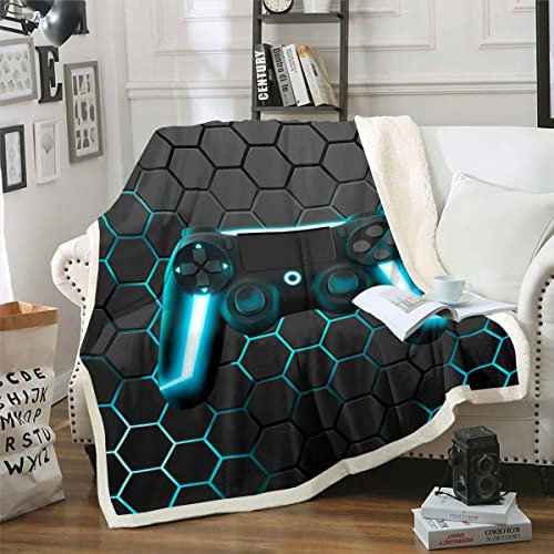 Homewish Spieler Überwurfdecke für Jungen Spielen Fleecedecke Kinder Spieler Plüschdecke für Wohnzimmer Dekoration grüne Neonlichter Gamepad Geometrie Waben Sechseck Fuzzy Decke 130 x 150 cm