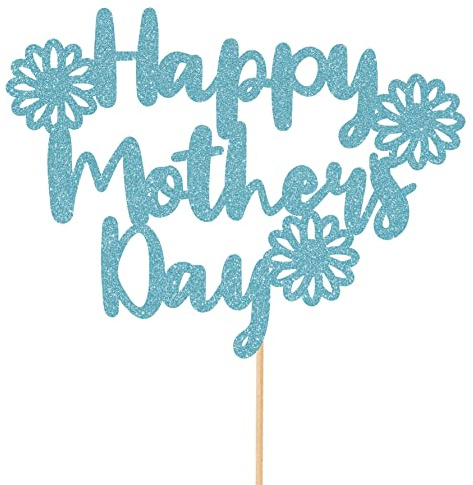 Cakeshop Mothers Day Glitter Cake Topper, Mothers Day Cake Topper Decoration Happy Mothers Day Flowers - Double Sided 400gsm Glitter Card, Choice 14 of Colours and Loads of Styles | Baby Blue