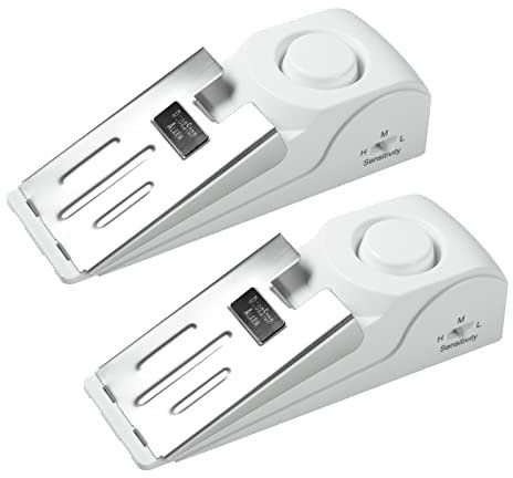 Fuers Door Stop Alarm, 2-Pack Portable Door Stop Alarm Wedge-Shaped Door Security Alarm with Non-Slip Rubber, Loud and Adjustable Sensitivity Lightweight, Suitable for Home Hotel Travel, White