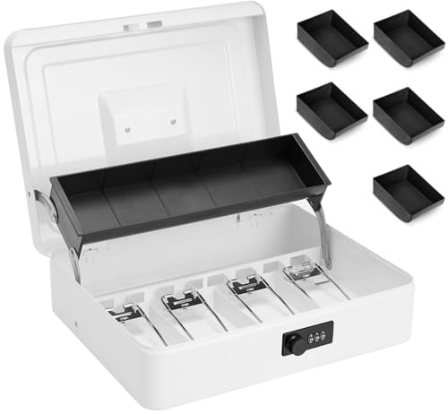Sgorlds Große abschließbare Geldkassette mit Zahlenschloss und Spardose, Spardose mit Geldfach, Schlosssafe mit Code 30 x 24 x 8,9 cm, Weiß