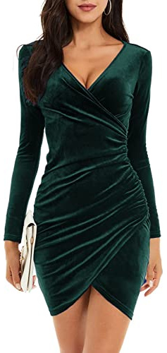 Niwicee Vestido Mujer Vestido Lápiz Elegante Velvet Ruchado Vestidos de Cóctel V Cuello Manga Larga Wrap Dresses Damas Vestidos de Bodycon para Fiesta Cóctel Casual