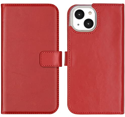 SELENCIA Bookcase Hülle kompatibel mit iPhone 14 – Era Leder Handytasche Side Flip Case – Handyhülle aus Rindsleder in Rot [3 Kartenfächer, Magnetverschluss]