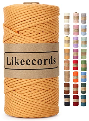 Likeecords Makramee Garn Geflochten 3mm x 100m,100% Natürliches Baumwollschnur Makramee-Schnur, Makramee-Seil, Bunte Bastelkordel aus Baumwolle für Taschen, Wandbehänge, Pflanzenaufhänger (gelb)