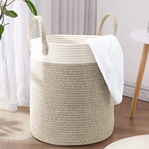 LA BONHEUR Wäschekorb Geflochten Laundry Basket Groß Wäschesammler Wäschesortierer kinderzimmer Wäschetonne Aufbewahrung Spielzeug Aufbewahrungskorb Baumwolle(mit Henkel Faltbar)35cm*40cm