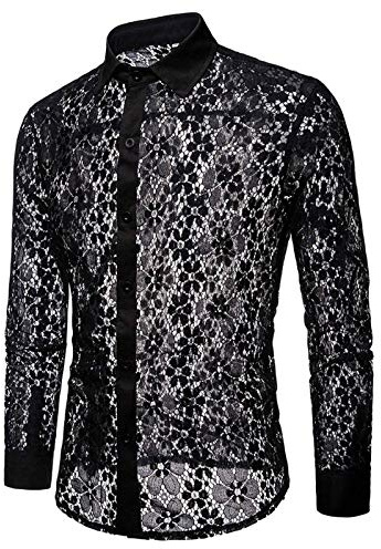 Men's See Through Button Down Collar Shirt Sexy Night Club Party Long Sleeve Lace Sheer Mesh Casual Top
