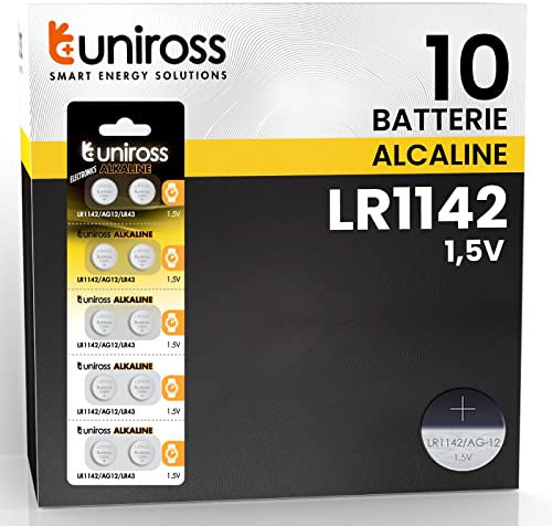 Uniross Batterie AG12 LR1142 LR43 1,5 V Pile Alcaline à Bouton – Blister de 10 Piles