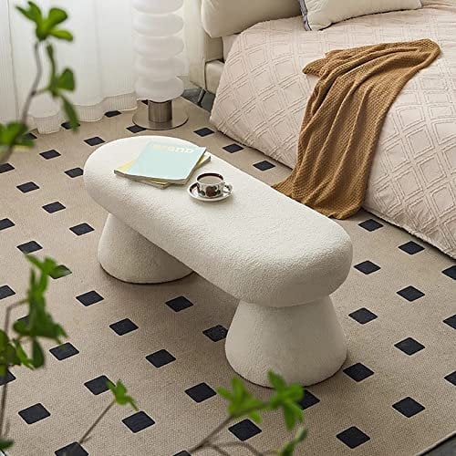 Generic Moderne Boucle Polsterbank, Rechteckiger Couchtisch, Fuzzy Sherpa Ottomane Bank, Faux Fur Eingangsbank Fußhocker, Fußstütze Für das Wohnzimmer, Flur, Schlafzimmer, Bettbank, Weiß, Holzbein