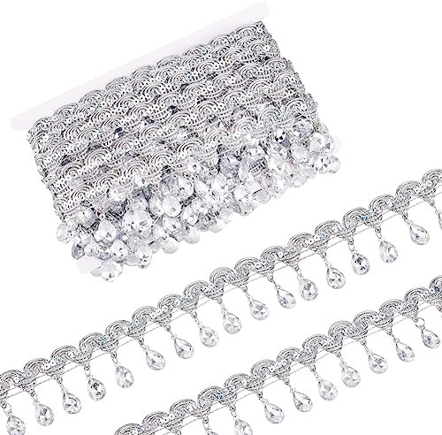 FINGERINSPIRE 9 m X 48.5 mm Hängende Perlen Fringe Spitze Silber Pailletten Band mit Silber Strass Fringe Trim Polyester Nähen Fringe Quaste Trim durch den Hof für Heimwerker Handwerk