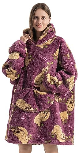 Ruiuzioong Übergroße Tragbare Decken Hoodie Sweatshirt für Damen Herren, Pullover Kapuzenpullover Oversized Tragbare Decke Weich Hoodies Kapuzenpullover (Faultier-Erwachsene)