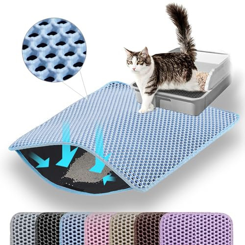 Petinstinct Katzenklo Matte, 60x45cm Doppelschichtiger Katzenklo Unterleger, wasserdichte Langlebige Entwurf Bienenwabe Katzenstreu Matte, Katzentoilette Vorleger, Blau