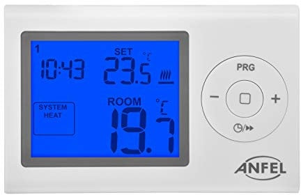 ANFEL Cronotermostato Digitale EASY XL con programmazione Settimanale a Batteria, Design elegante e Display Retroilluminato adatto per Caldaia Murale
