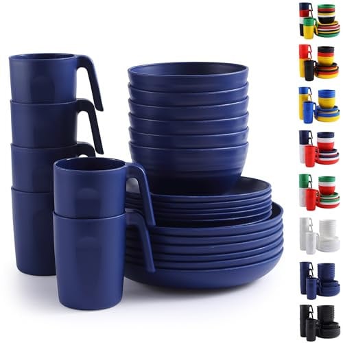 Berglander vajilla de plástico 24 piezas para 6, juegos de platos y cuencos reutilizables azules de EUR incluye platos de cena, plato de postre, cuencos de cereales, tazas para el hogar, jardín
