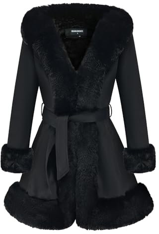 GRAN ORIENTE Wildlederjacke für Damen mit Kunstfellkragen, langärmelig, warm, Winter-Parka, Mantel mit Gürtel, Oberbekleidung, Schwarz, XX-Large
