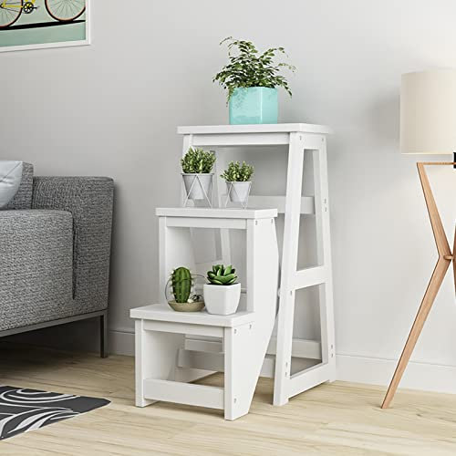 Kamnik Holzhocker mit 3 Stufen, tragbare Treppen, Leitern, Stühle, Faltbare Trittleiter, multifunktionaler Blumenständer/Schuhbank, zum Klettern, hohe Leiter, Tritthocker, weiß