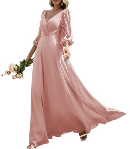 WSEYU Robe de demoiselle d'honneur trapèze pour mariage avec manches longues et col en V en mousseline de soie Rose poudré Taille 48