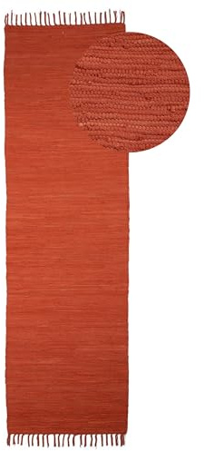 carpetfine Flickenteppich Läufer Chindi Uni waschbar 70x200 cm Orange | Fleckerlteppich, handgewebt aus 100 % Baumwolle, mit Fransen, bis 30 °C Schonwäsche, Boho-Stil, für Flur, Küche und Diele