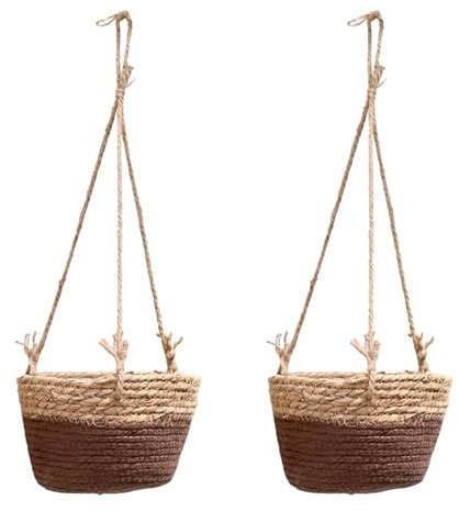 BEIJIALY 2er-Pack Hängender Pflanzkorb aus Seegras, Gewebter Rattan-Pflanzenaufhänger, Hängender Rattan-Pflanzgefäß, Makramee-Pflanzenaufhänger, Blumentopfhalter für Garten, Draußen,(Kaffee)